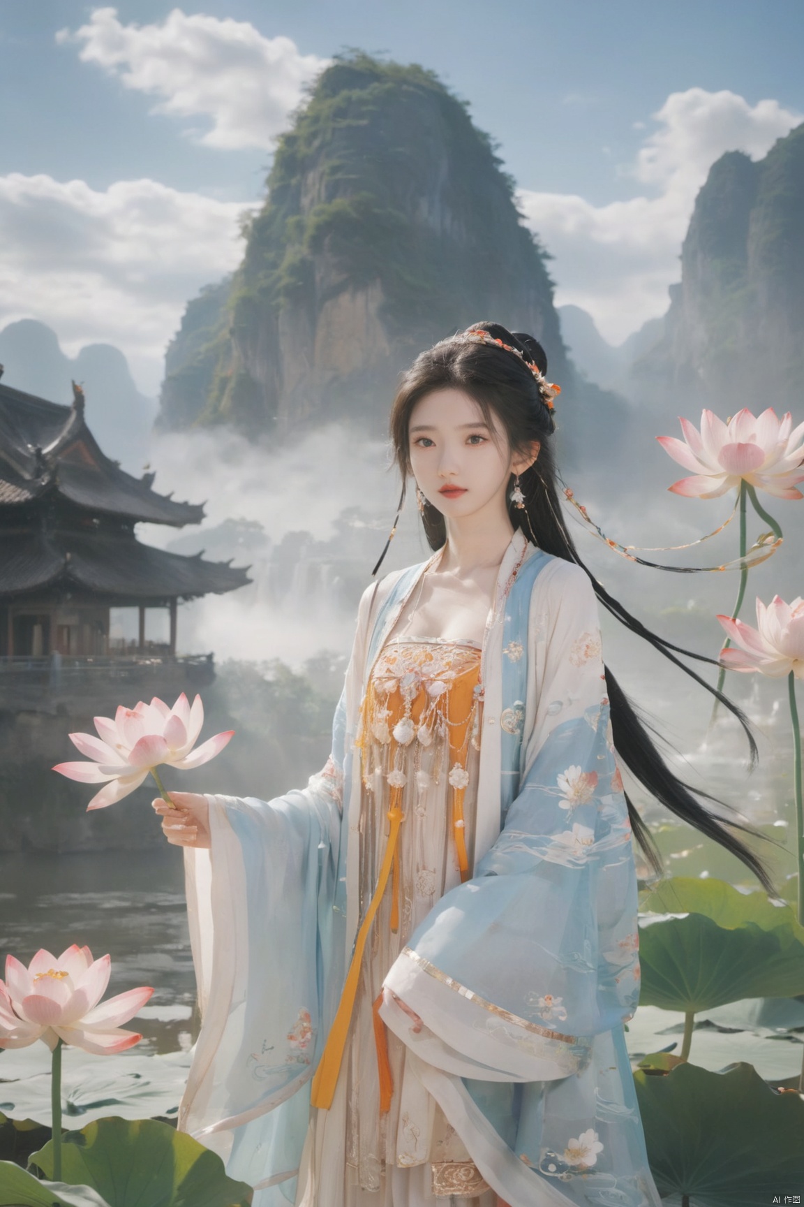  Detailed high, high precision, high quality, the UHD, 16 k, rich details, abundant element, shows that a girl, beautiful, lotus, lotus leaf, pearlygates, traditional clothing, clothing patterns, miao clothing headwear, Face Score, MAJICMIX STYLE, arien_hanfu, monkren,full-length mirror,Breast, huge,Dramatic clouds, mountains, rivers, ancient buildings,Guilin landscape, Guilin, Hangzhou,Sunny,shoes,,full body,film grain, Realistic