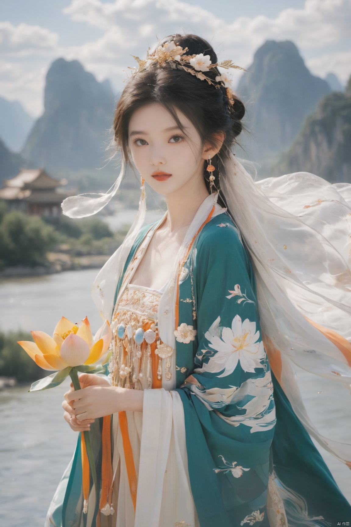  Detailed high, high precision, high quality, the UHD, 16 k, rich details, abundant element, shows that a girl, beautiful, lotus, lotus leaf, pearlygates, traditional clothing, clothing patterns, miao clothing headwear, Face Score, MAJICMIX STYLE, arien_hanfu, monkren,full-length mirror,Breast, huge,Dramatic clouds, mountains, rivers, ancient buildings,Guilin landscape, Guilin, Hangzhou,Sunny,shoes,,full body,film grain, Realistic