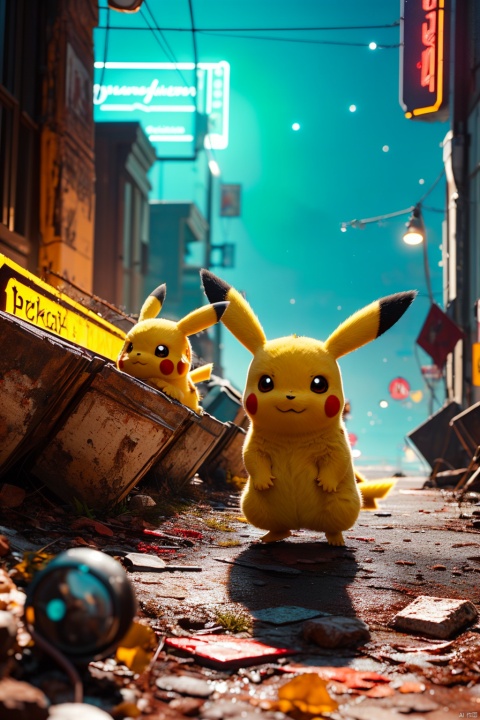  no humans,（Pikachu）, cityscape,cyberpunk 2077,low angle, , Detail,Realistic images, realistic graphics, 8k,dynamic pose,,night sky,evening,
Exaggerated surprise,
