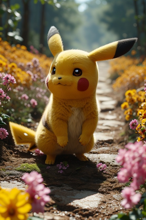  no humans,（Pikachu）, Flower, Outdoor, Flower field,low angle, , Detail