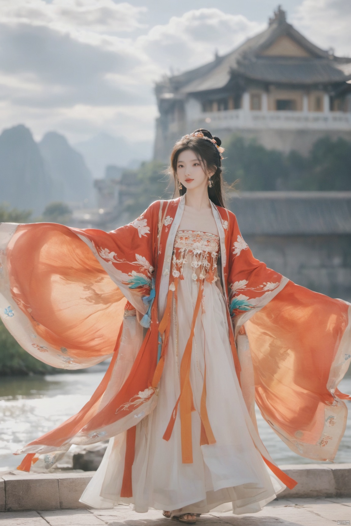 Detailed high, high precision, high quality, the UHD, 16 k, rich details, abundant element, shows that a girl, beautiful, lotus, lotus leaf, pearlygates, traditional clothing, clothing patterns, miao clothing headwear, Face Score, MAJICMIX STYLE, arien_hanfu, monkren,full-length mirror,Breast, huge,Dramatic clouds, mountains, rivers, ancient buildings,Guilin landscape, Guilin, Hangzhou,Sunny,shoes,,full body,film grain, Realistic