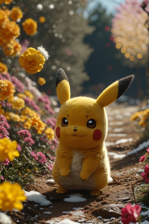  no humans,（Pikachu）, Flower, Outdoor, Flower field,low angle, , Detail,Realistic images, realistic graphics, snow, fireworks,
