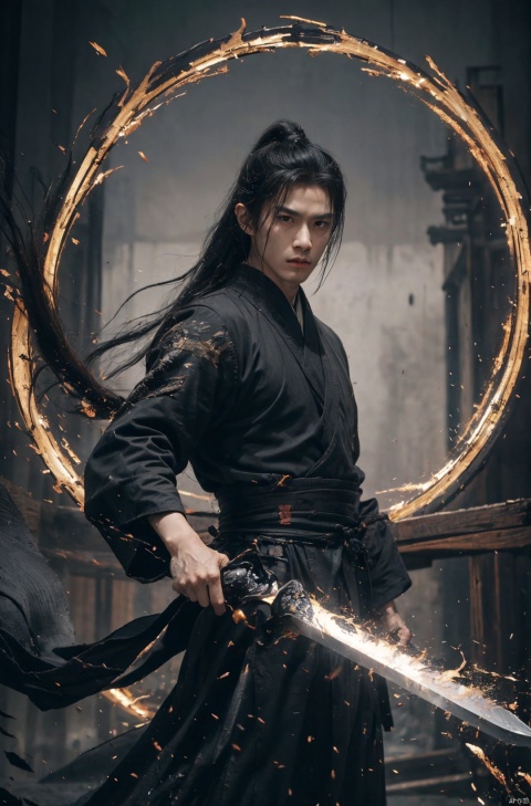  sdmai, wuxia, Chinese ink painting, artistic ink painting, Chinese martial arts films, wearing black robes, fighting posture, cinematic grandeur, splashing details, wild and powerful, solo, weapon, black hair, sword, long hair, male focus, looking at viewer, 1boy, scar, asuo,full-length mirror