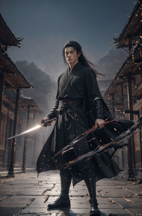  sdmai, wuxia, Chinese ink painting, artistic ink painting, Chinese martial arts films, wearing black robes, fighting posture, cinematic grandeur, splashing details, wild and powerful, solo, weapon, black hair, sword, long hair, male focus, looking at viewer, 1boy, scar, asuo,full-length mirror,boots,