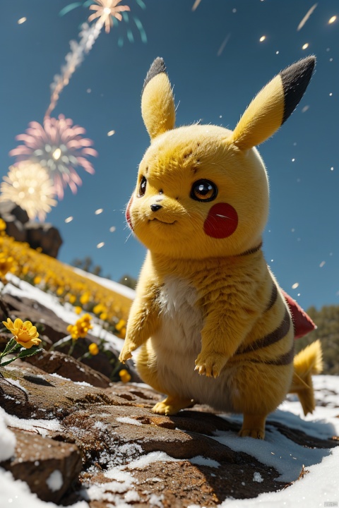  no humans,（Pikachu）, Flower, Outdoor, Flower field,low angle, , Detail,Realistic images, realistic graphics, snow, fireworks,8k,dynamic pose,jumping,sky surfing,night sky,evening,
Exaggerated surprise,
