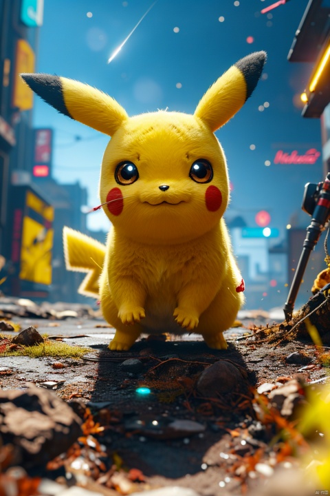  no humans,（Pikachu）, cityscape,cyberpunk 2077,low angle, , Detail,Realistic images, realistic graphics, 8k,dynamic pose,,night sky,sense of technology, technology,

Exaggerated surprise,

