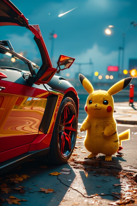  no humans,（Pikachu）, cityscape,cyberpunk 2077,low angle, , Detail,Realistic images, realistic graphics, 8k,dynamic pose,,night sky,Sports cars, sense of technology, technology,

Exaggerated surprise,
