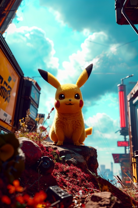  no humans,（Pikachu）, cityscape,cyberpunk 2077,low angle, , Detail,Realistic images, realistic graphics, 8k,dynamic pose,,night sky,sense of technology, technology,
Clouds
Exaggerated surprise,
