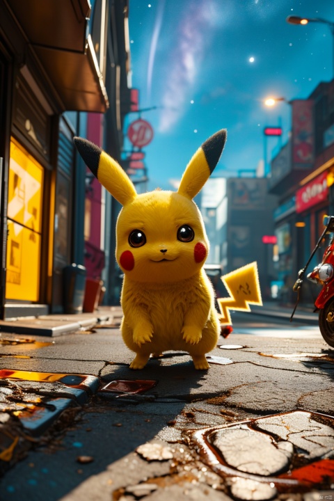  no humans,（Pikachu）, cityscape,cyberpunk 2077,low angle, , Detail,Realistic images, realistic graphics, 8k,dynamic pose,,night sky,evening,
Exaggerated surprise,
