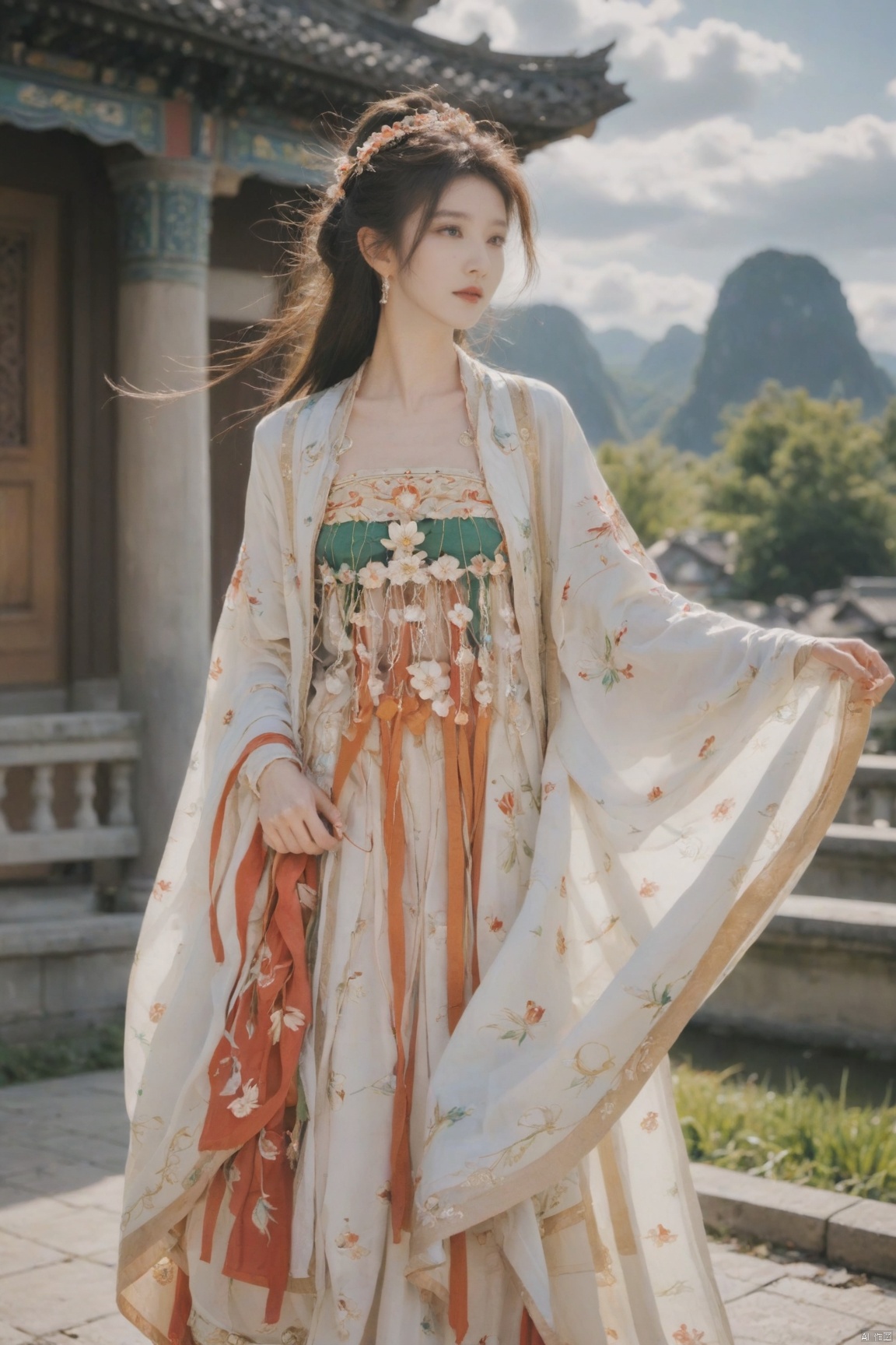  Detailed high, high precision, high quality, the UHD, 16 k, rich details, abundant element, shows that a girl, beautiful, lotus, lotus leaf, pearlygates, traditional clothing, clothing patterns, miao clothing headwear, Face Score, MAJICMIX STYLE, arien_hanfu, monkren,full-length mirror,Breast, huge,Dramatic clouds, mountains, rivers, ancient buildings,Guilin landscape, Guilin, Hangzhou,Sunny,shoes,,full body,film grain,