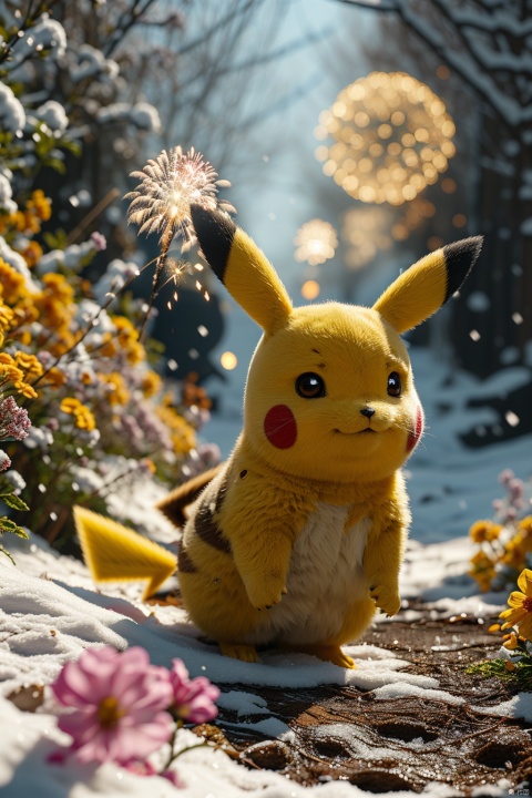  no humans,（Pikachu）, Flower, Outdoor, Flower field,low angle, , Detail,Realistic images, realistic graphics, snow, fireworks,8k,dynamic pose
