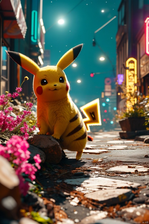  no humans,（Pikachu）, cityscape,cyberpunk 2077,low angle, , Detail,Realistic images, realistic graphics, 8k,dynamic pose,jumping,night sky,evening,
Exaggerated surprise,
