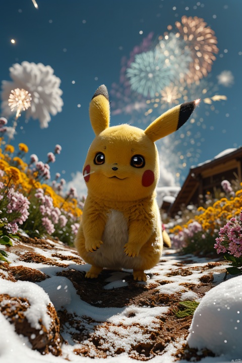  no humans,（Pikachu）, Flower, Outdoor, Flower field,low angle, , Detail,Realistic images, realistic graphics, snow, fireworks,8k,dynamic pose,jumping,sky surfing,night sky,evening,
Exaggerated surprise,
