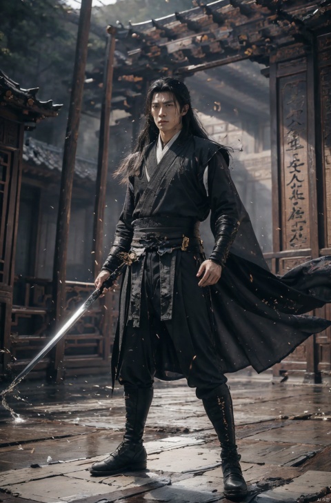  sdmai, wuxia, Chinese ink painting, artistic ink painting, Chinese martial arts films, wearing black robes, fighting posture, cinematic grandeur, splashing details, wild and powerful, solo, weapon, black hair, sword, long hair, male focus, looking at viewer, 1boy, scar, asuo,full-length mirror,boots,