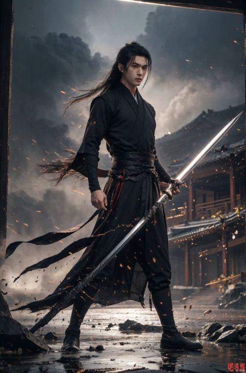 sdmai, wuxia, Chinese ink painting, artistic ink painting, Chinese martial arts films, wearing black robes, fighting posture, cinematic grandeur, splashing details, wild and powerful, solo, weapon, black hair, sword, long hair, male focus, looking at viewer, 1boy, scar, asuo,full-length mirror,boots,cloud hair, 1girl