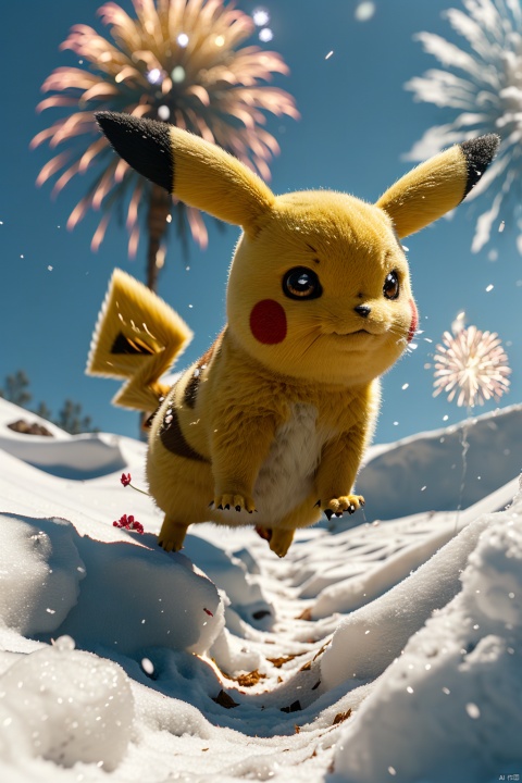  no humans,（Pikachu）, Flower, Outdoor, Flower field,low angle, , Detail,Realistic images, realistic graphics, snow, fireworks,8k,dynamic pose,jumping,sky surfing
