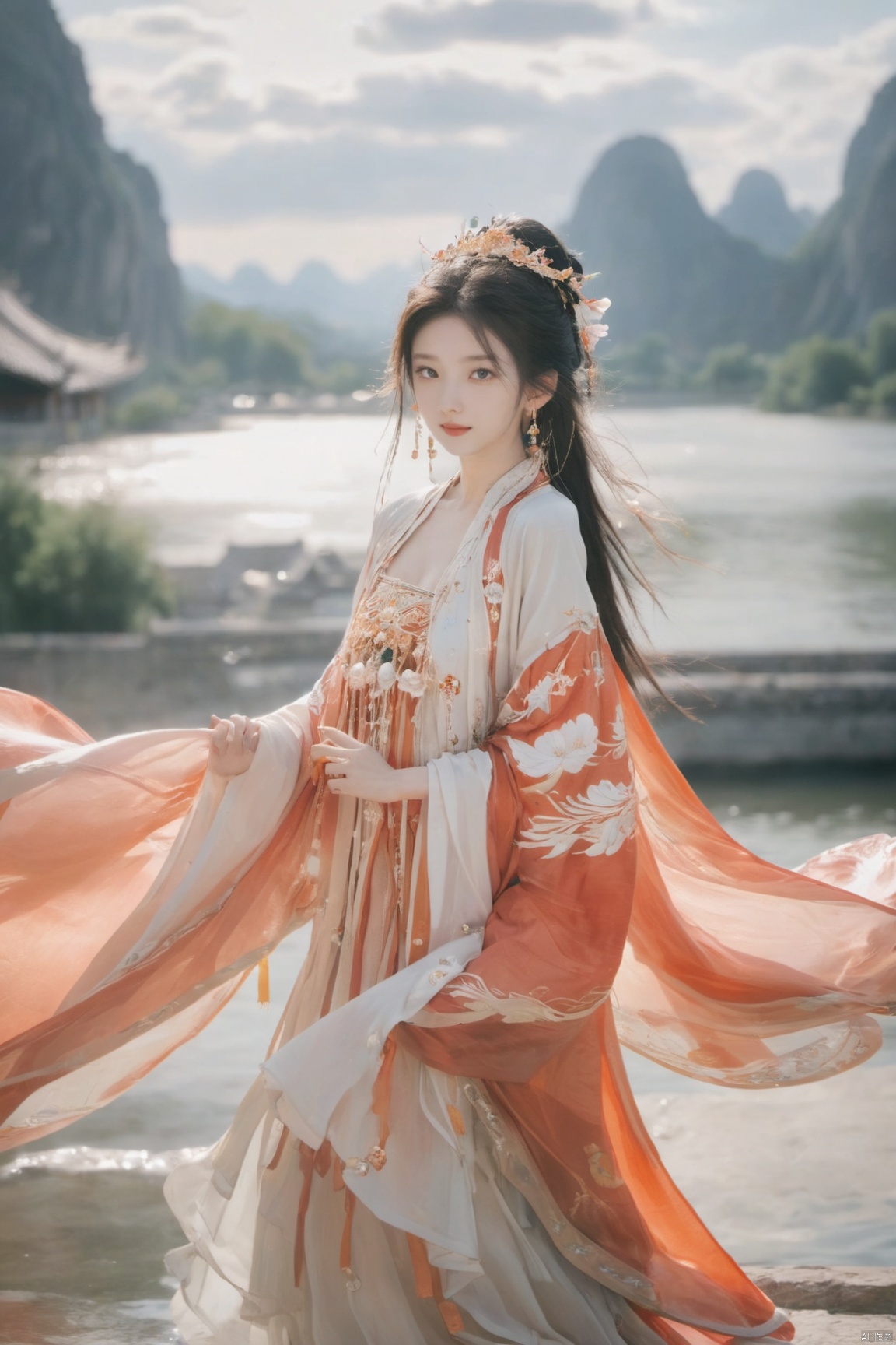  Detailed high, high precision, high quality, the UHD, 16 k, rich details, abundant element, shows that a girl, beautiful, lotus, lotus leaf, pearlygates, traditional clothing, clothing patterns, miao clothing headwear, Face Score, MAJICMIX STYLE, arien_hanfu, monkren,full-length mirror,Breast, huge,Dramatic clouds, mountains, rivers, ancient buildings,Guilin landscape, Guilin, Hangzhou,Sunny,shoes,,full body,film grain, Realistic