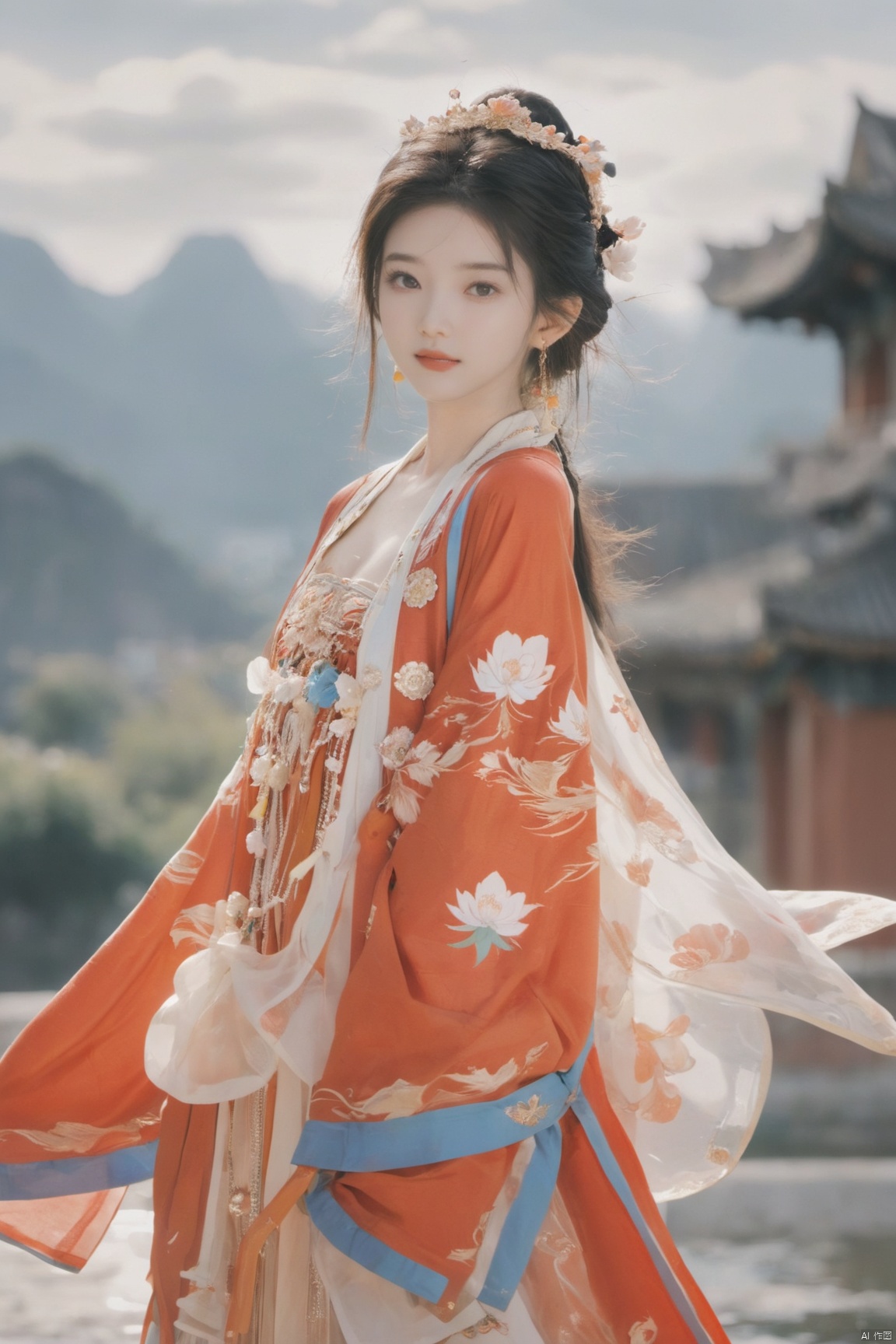  Detailed high, high precision, high quality, the UHD, 16 k, rich details, abundant element, shows that a girl, beautiful, lotus, lotus leaf, pearlygates, traditional clothing, clothing patterns, miao clothing headwear, Face Score, MAJICMIX STYLE, arien_hanfu, monkren,full-length mirror,Breast, huge,Dramatic clouds, mountains, rivers, ancient buildings,Guilin landscape, Guilin, Hangzhou,Sunny,shoes,,full body,film grain, Realistic