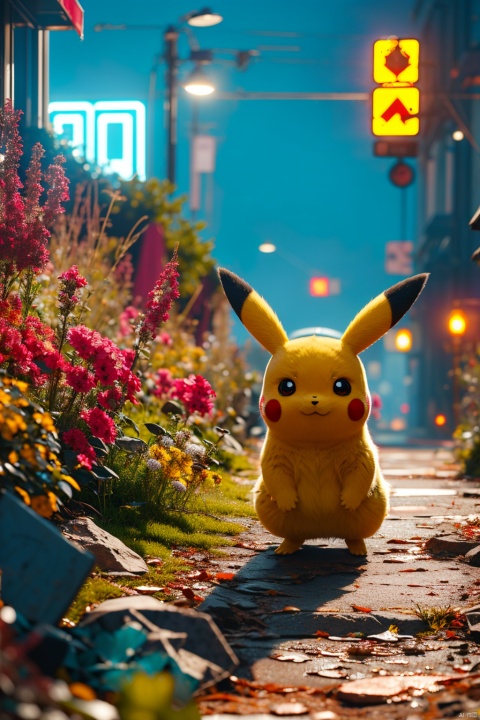  no humans,（Pikachu）, cityscape,cyberpunk 2077,low angle, , Detail,Realistic images, realistic graphics, 8k,dynamic pose,,night sky,evening,
Exaggerated surprise,
