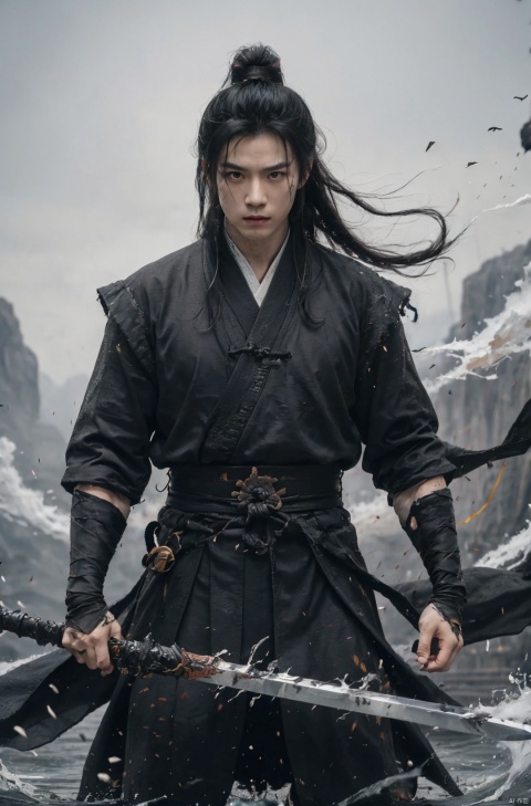 sdmai, wuxia, Chinese ink painting, artistic ink painting, Chinese martial arts films, wearing black robes, fighting posture, cinematic grandeur, splashing details, wild and powerful, solo, weapon, black hair, sword, long hair, male focus, looking at viewer, 1boy, scar, asuo