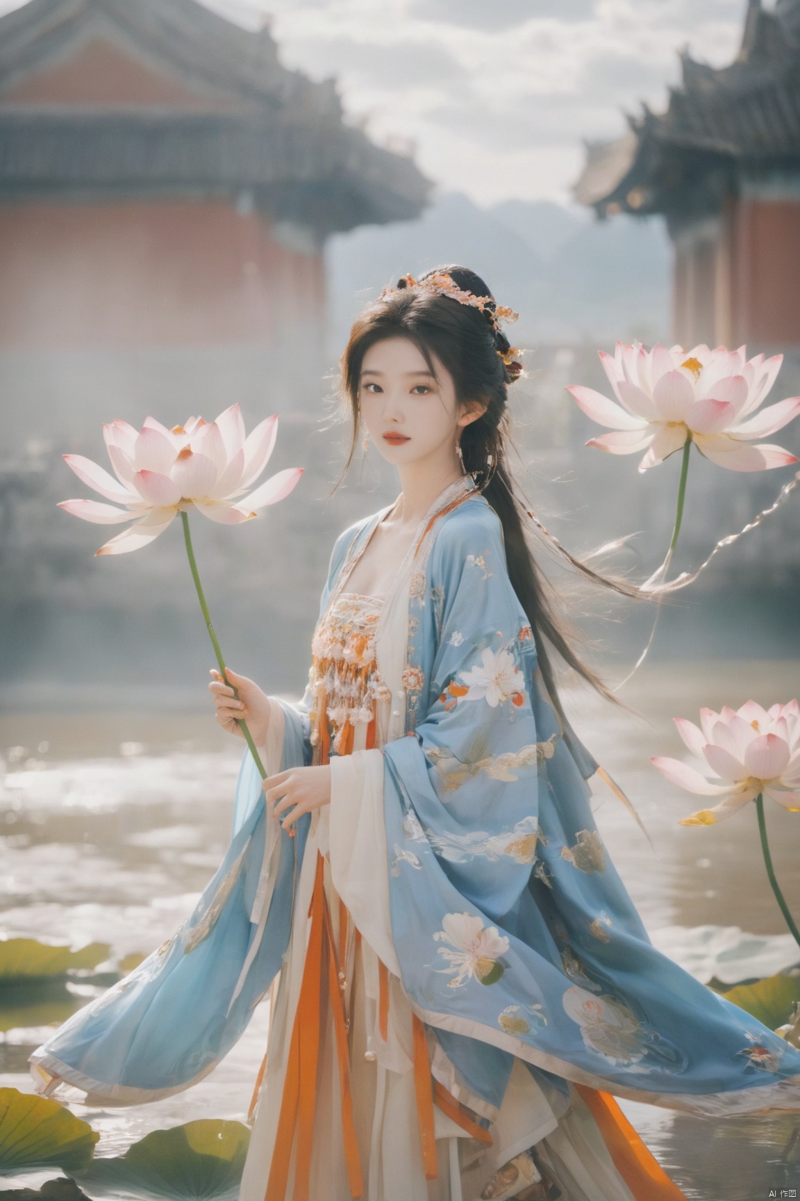  Detailed high, high precision, high quality, the UHD, 16 k, rich details, abundant element, shows that a girl, beautiful, lotus, lotus leaf, pearlygates, traditional clothing, clothing patterns, miao clothing headwear, Face Score, MAJICMIX STYLE, arien_hanfu, monkren,full-length mirror,Breast, huge,Dramatic clouds, mountains, rivers, ancient buildings,Guilin landscape, Guilin, Hangzhou,Sunny,shoes,,full body,film grain, Realistic