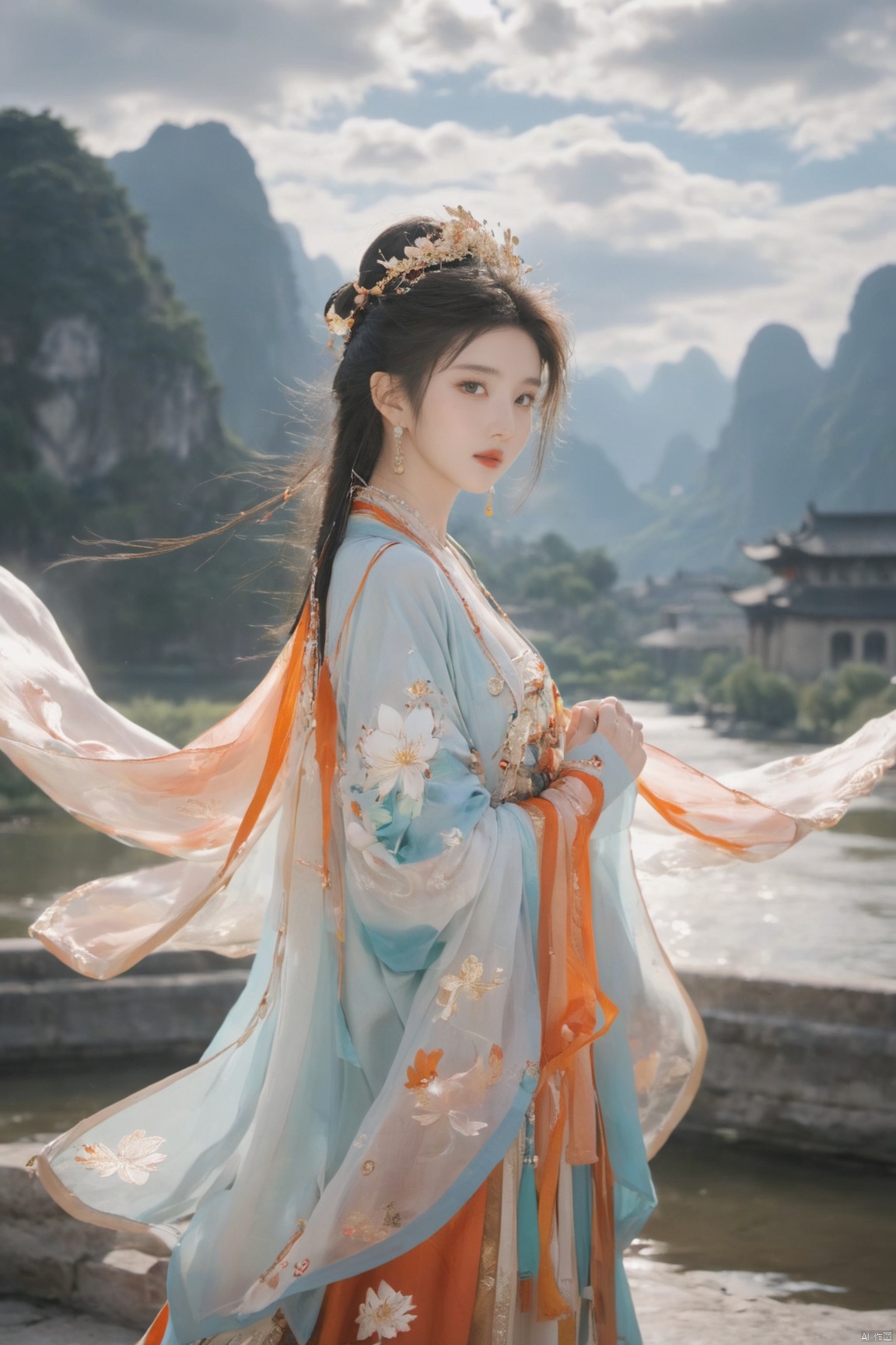  Detailed high, high precision, high quality, the UHD, 16 k, rich details, abundant element, shows that a girl, beautiful, lotus, lotus leaf, pearlygates, traditional clothing, clothing patterns, miao clothing headwear, Face Score, MAJICMIX STYLE, arien_hanfu, monkren,full-length mirror,Breast, huge,Dramatic clouds, mountains, rivers, ancient buildings,Guilin landscape, Guilin, Hangzhou,Sunny,shoes,,full body,film grain, Realistic