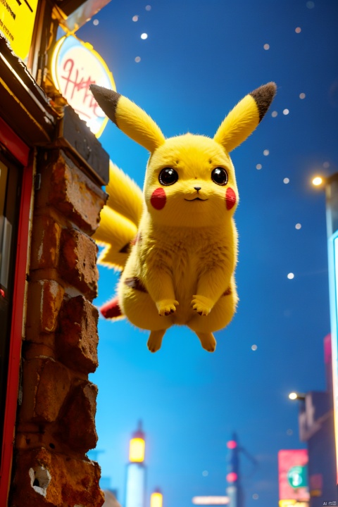  no humans,（Pikachu）, cityscape,cyberpunk 2077,low angle, , Detail,Realistic images, realistic graphics, 8k,dynamic pose,jumping,night sky,evening,
Exaggerated surprise,
