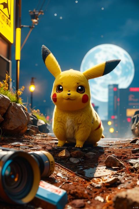  no humans,（Pikachu）, cityscape,cyberpunk 2077,low angle, , Detail,Realistic images, realistic graphics, 8k,dynamic pose,,night sky,sense of technology, technology,

Exaggerated surprise,
