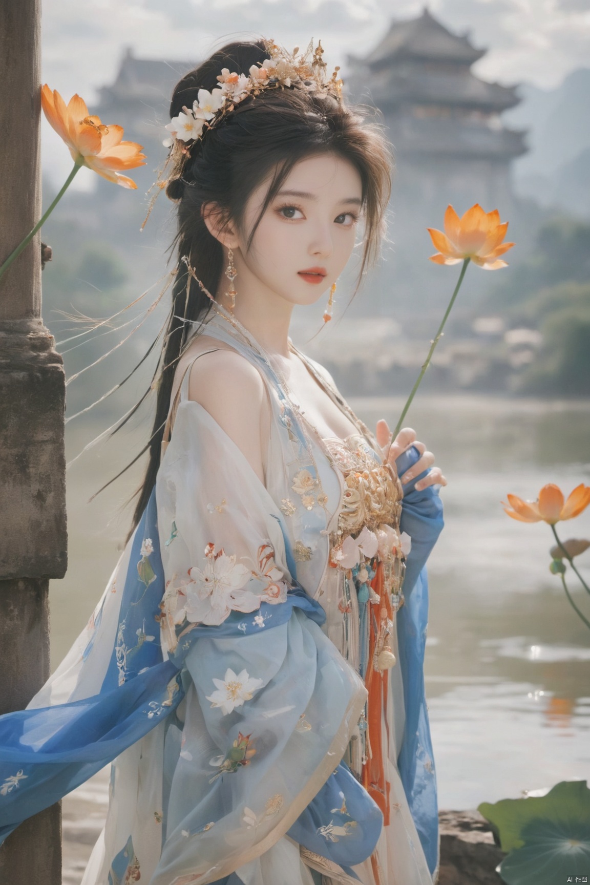  Detailed high, high precision, high quality, the UHD, 16 k, rich details, abundant element, shows that a girl, beautiful, lotus, lotus leaf, pearlygates, traditional clothing, clothing patterns, miao clothing headwear, Face Score, MAJICMIX STYLE, arien_hanfu, monkren,full-length mirror,Breast, huge,Dramatic clouds, mountains, rivers, ancient buildings,Guilin landscape, Guilin, Hangzhou,Sunny,shoes,,full body,film grain, Realistic