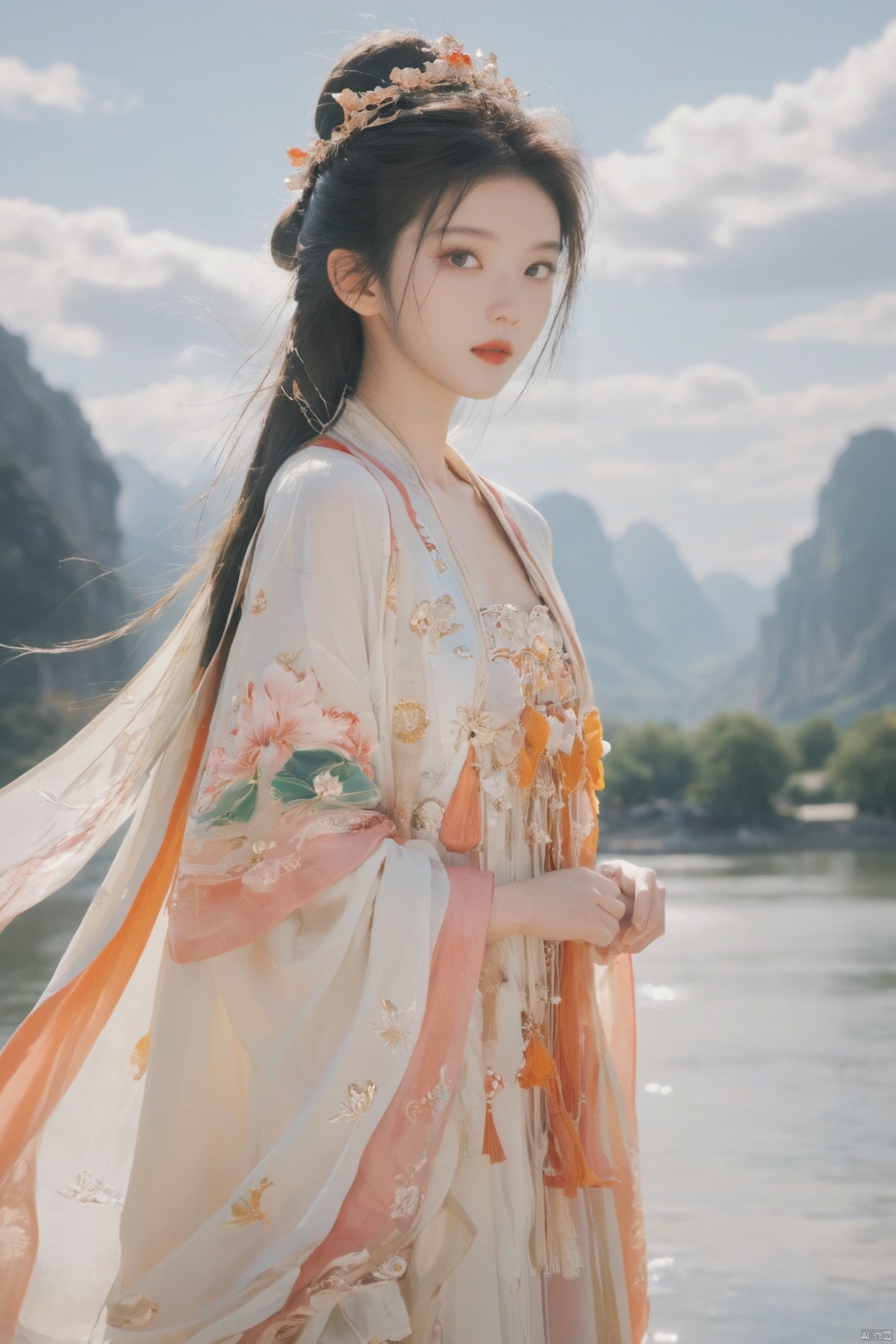  Detailed high, high precision, high quality, the UHD, 16 k, rich details, abundant element, shows that a girl, beautiful, lotus, lotus leaf, pearlygates, traditional clothing, clothing patterns, miao clothing headwear, Face Score, MAJICMIX STYLE, arien_hanfu, monkren,full-length mirror,Breast, huge,Dramatic clouds, mountains, rivers, ancient buildings,Guilin landscape, Guilin, Hangzhou,Sunny,shoes,,full body,film grain, Realistic