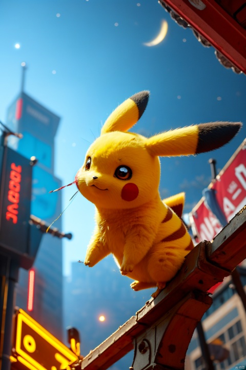  no humans,（Pikachu）, cityscape,cyberpunk 2077,low angle, , Detail,Realistic images, realistic graphics, 8k,dynamic pose,jumping,night sky,evening,
Exaggerated surprise,
