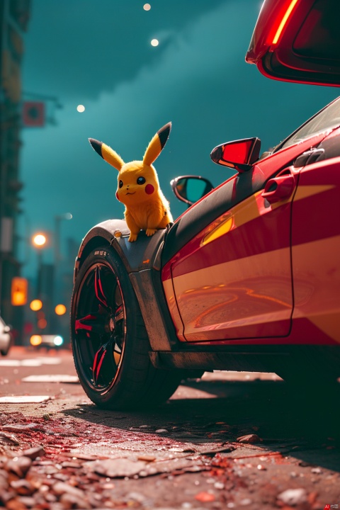 no humans,（Pikachu）, cityscape,cyberpunk 2077,low angle, , Detail,Realistic images, realistic graphics, 8k,dynamic pose,,night sky,Sports cars, sense of technology, technology,

Exaggerated surprise,
