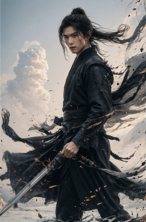  sdmai, wuxia, Chinese ink painting, artistic ink painting, Chinese martial arts films, wearing black robes, fighting posture, cinematic grandeur, splashing details, wild and powerful, solo, weapon, black hair, sword, long hair, male focus, looking at viewer, 1boy, scar, asuo,full-length mirror,boots,cloud hair, dynamic pose,