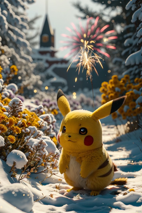  no humans,（Pikachu）, Flower, Outdoor, Flower field,low angle, , Detail,Realistic images, realistic graphics, snow, fireworks,
