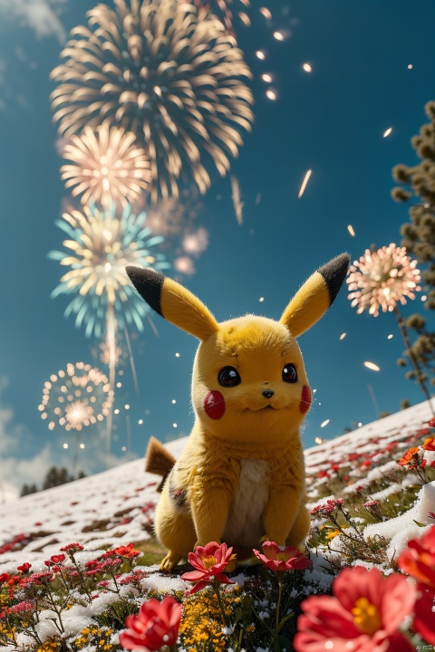  no humans,（Pikachu）, Flower, Outdoor, Flower field,low angle, , Detail,Realistic images, realistic graphics, snow, fireworks,8k,dynamic pose,jumping,sky surfing
