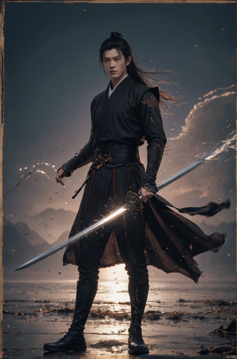  sdmai, wuxia, Chinese ink painting, artistic ink painting, Chinese martial arts films, wearing black robes, fighting posture, cinematic grandeur, splashing details, wild and powerful, solo, weapon, black hair, sword, long hair, male focus, looking at viewer, 1boy, scar, asuo,full-length mirror,boots,cloud hair,