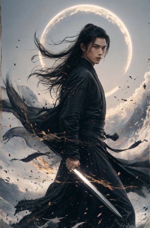  sdmai, wuxia, Chinese ink painting, artistic ink painting, Chinese martial arts films, wearing black robes, fighting posture, cinematic grandeur, splashing details, wild and powerful, solo, weapon, black hair, sword, long hair, male focus, looking at viewer, 1boy, scar, asuo,full-length mirror,boots,cloud hair, dynamic pose,