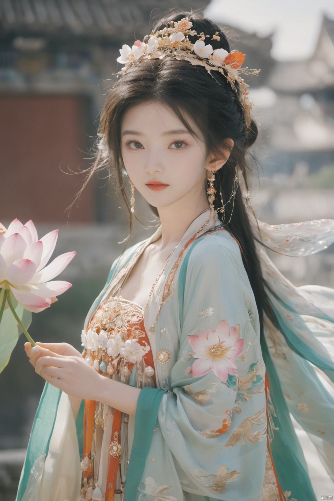  Detailed high, high precision, high quality, the UHD, 16 k, rich details, abundant element, shows that a girl, beautiful, lotus, lotus leaf, pearlygates, traditional clothing, clothing patterns, miao clothing headwear, Face Score, MAJICMIX STYLE, arien_hanfu, monkren,full-length mirror,Breast, huge,Dramatic clouds, mountains, rivers, ancient buildings,Guilin landscape, Guilin, Hangzhou,Sunny,shoes,,full body,film grain, Realistic