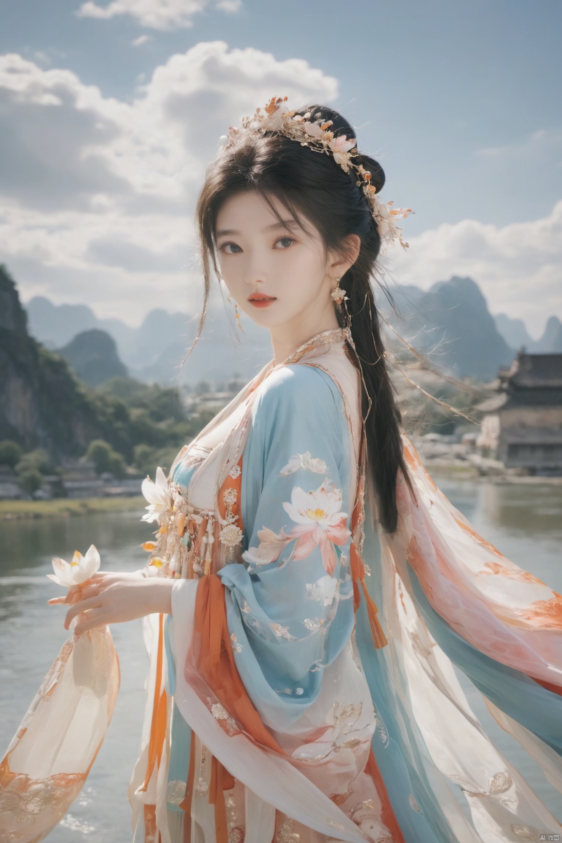  Detailed high, high precision, high quality, the UHD, 16 k, rich details, abundant element, shows that a girl, beautiful, lotus, lotus leaf, pearlygates, traditional clothing, clothing patterns, miao clothing headwear, Face Score, MAJICMIX STYLE, arien_hanfu, monkren,full-length mirror,Breast, huge,Dramatic clouds, mountains, rivers, ancient buildings,Guilin landscape, Guilin, Hangzhou,Sunny,shoes,,full body,film grain, Realistic