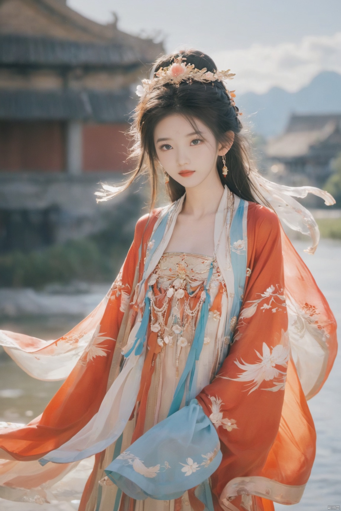  Detailed high, high precision, high quality, the UHD, 16 k, rich details, abundant element, shows that a girl, beautiful, lotus, lotus leaf, pearlygates, traditional clothing, clothing patterns, miao clothing headwear, Face Score, MAJICMIX STYLE, arien_hanfu, monkren,full-length mirror,Breast, huge,Dramatic clouds, mountains, rivers, ancient buildings,Guilin landscape, Guilin, Hangzhou,Sunny,shoes,,full body,film grain, Realistic