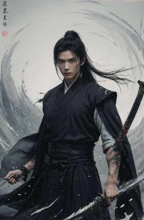  sdmai, wuxia, Chinese ink painting, artistic ink painting, Chinese martial arts films, wearing black robes, fighting posture, cinematic grandeur, splashing details, wild and powerful, solo, weapon, black hair, sword, long hair, male focus, looking at viewer, 1boy, scar, asuo