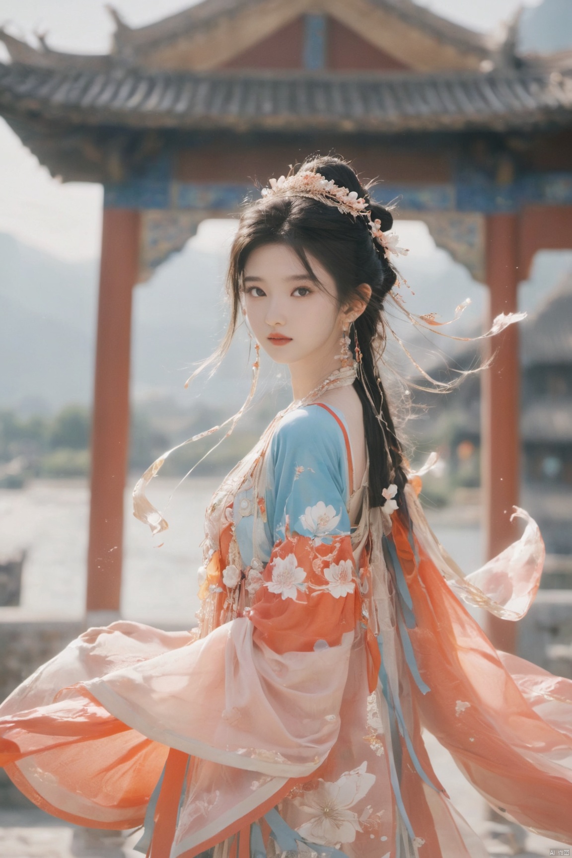  Detailed high, high precision, high quality, the UHD, 16 k, rich details, abundant element, shows that a girl, beautiful, lotus, lotus leaf, pearlygates, traditional clothing, clothing patterns, miao clothing headwear, Face Score, MAJICMIX STYLE, arien_hanfu, monkren,full-length mirror,Breast, huge,Dramatic clouds, mountains, rivers, ancient buildings,Guilin landscape, Guilin, Hangzhou,Sunny,shoes,,full body,film grain, Realistic