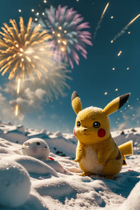  no humans,（Pikachu）, Flower, Outdoor, Flower field,low angle, , Detail,Realistic images, realistic graphics, snow, fireworks,8k,dynamic pose,jumping,sky surfing,night sky,evening
