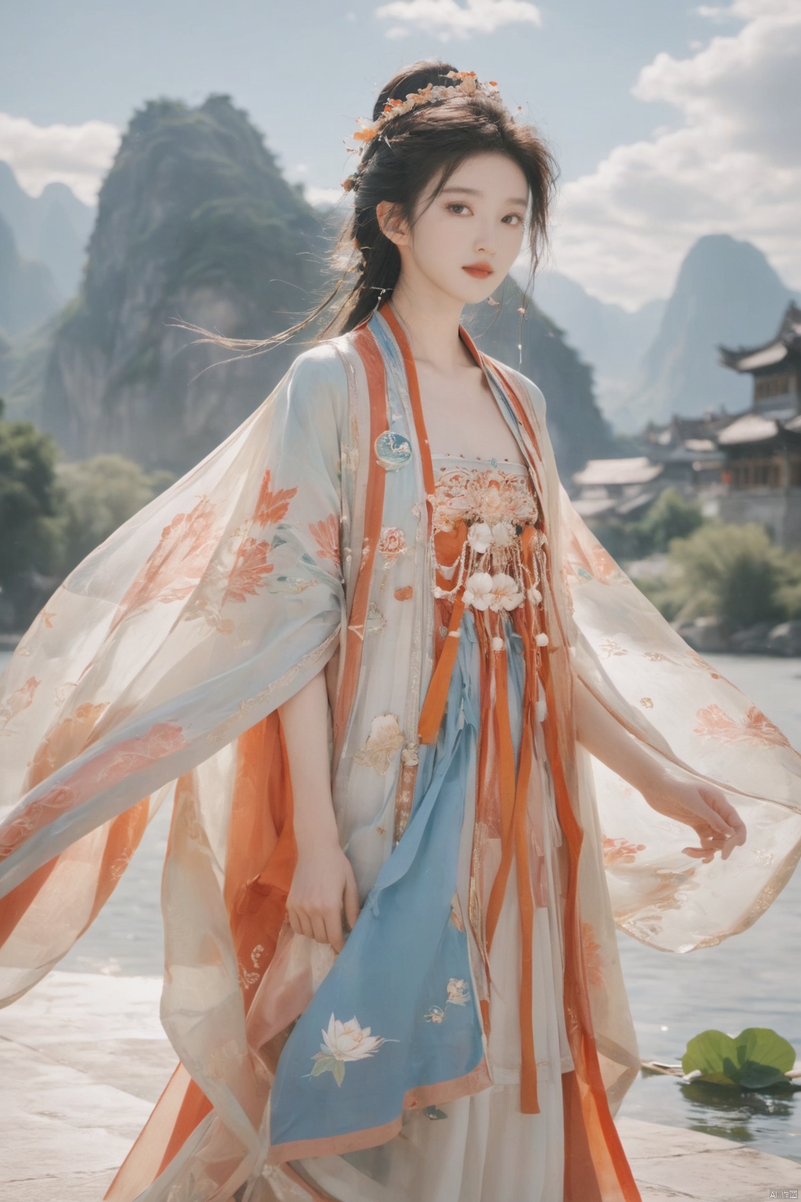  Detailed high, high precision, high quality, the UHD, 16 k, rich details, abundant element, shows that a girl, beautiful, lotus, lotus leaf, pearlygates, traditional clothing, clothing patterns, miao clothing headwear, Face Score, MAJICMIX STYLE, arien_hanfu, monkren,full-length mirror,Breast, huge,Dramatic clouds, mountains, rivers, ancient buildings,Guilin landscape, Guilin, Hangzhou,Sunny,shoes,,full body,film grain, Realistic