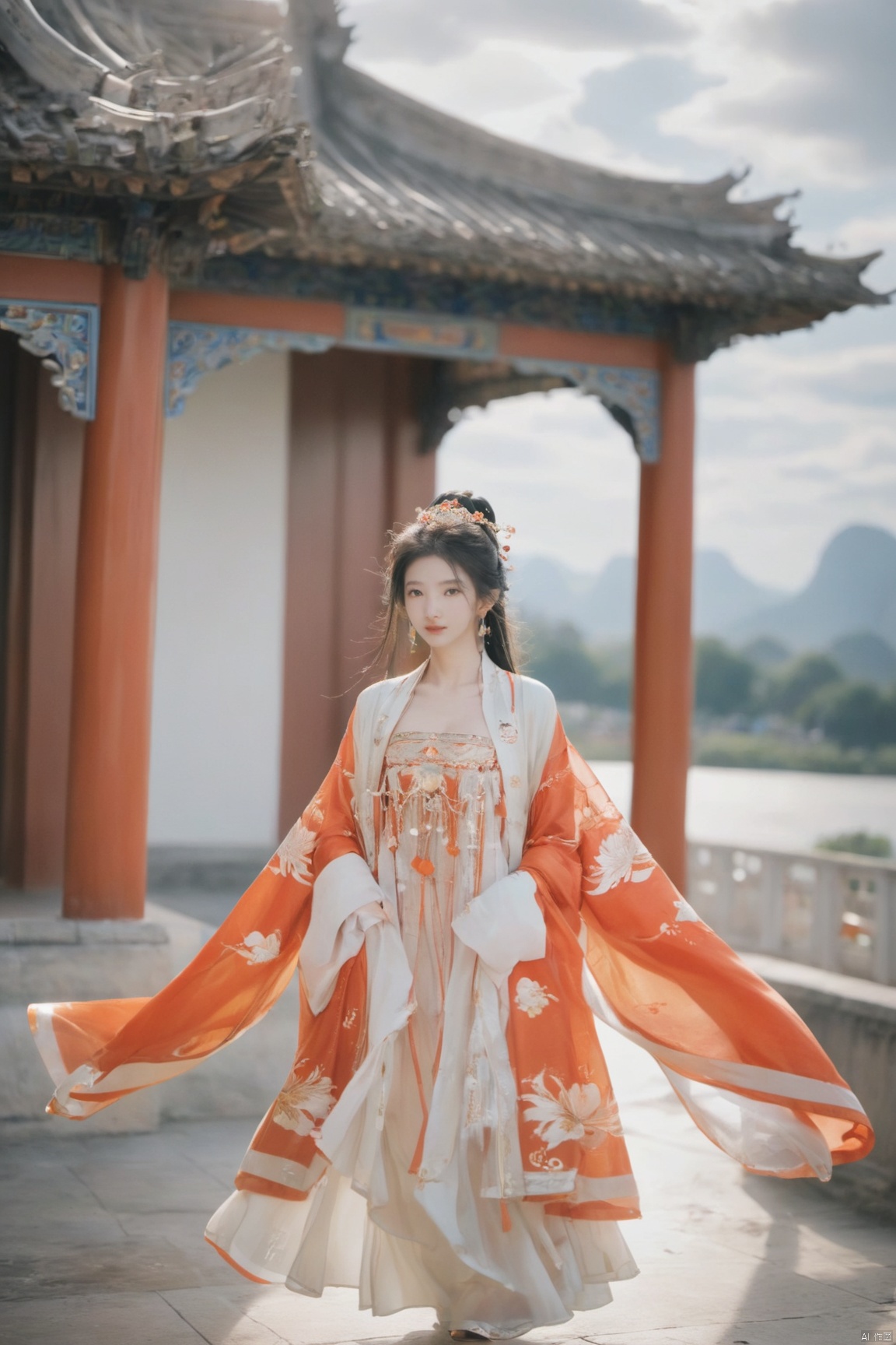  Detailed high, high precision, high quality, the UHD, 16 k, rich details, abundant element, shows that a girl, beautiful, lotus, lotus leaf, pearlygates, traditional clothing, clothing patterns, miao clothing headwear, Face Score, MAJICMIX STYLE, arien_hanfu, monkren,full-length mirror,Breast, huge,Dramatic clouds, mountains, rivers, ancient buildings,Guilin landscape, Guilin, Hangzhou,Sunny,shoes,,full body,film grain, Realistic