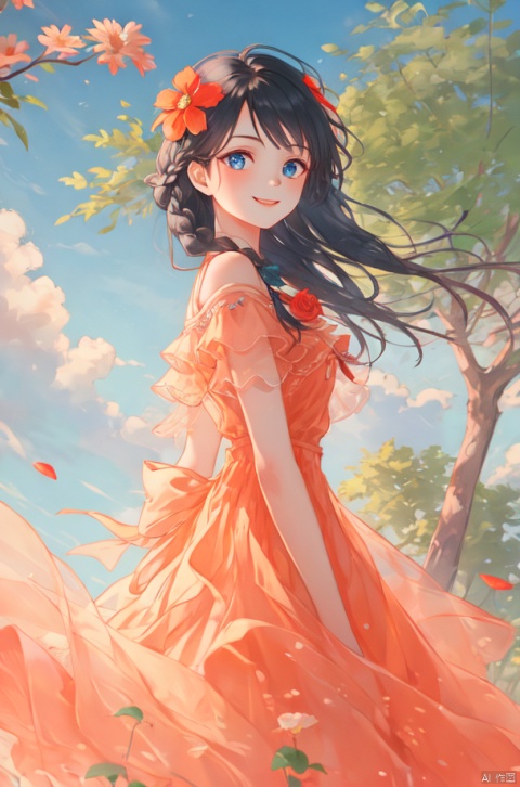  1girl, solo, smile,long hair, blue eyes, black hair, hair ornament, dress, holding, upper body, braid, flower, hair flower,tree, BY MOONCRYPTOWOW