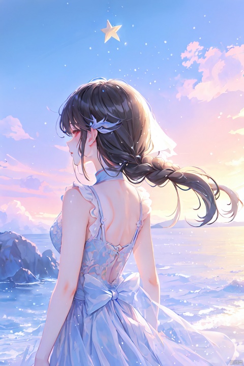  masterpiece,best quality, 1 girl, watercolor, cloud, solo, long hair, sky, scenery, star \(sky\), standing, cloudy sky, starry sky, dress, from behind, black hair, sparkle, sssr, (\shen ming shao nv\)