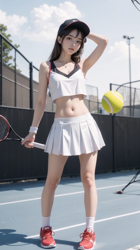  (best quality), ((masterpiece)), (highres), illustration, original, extremely detailed,ooo, 1girl, solo, racket, tennis racket, long hair, skirt, shoes, hat, holding, arm up, armpits, sneakers, brown eyes, white background, full body, navel, looking at viewer, white skirt, ball, white socks, midriff, simple background, socks, shirt, standing, baseball cap, tennis uniform, pleated skirt, smile, crop top, white shirt, breasts, brown hair, sportswear, red footwear, white headwear, wristband, sleeveless, holding ball, bare arms, miniskirt, jewelry, sleeveless shirt, bare shoulders, black hair, small breasts, closed mouth, tennis ball
