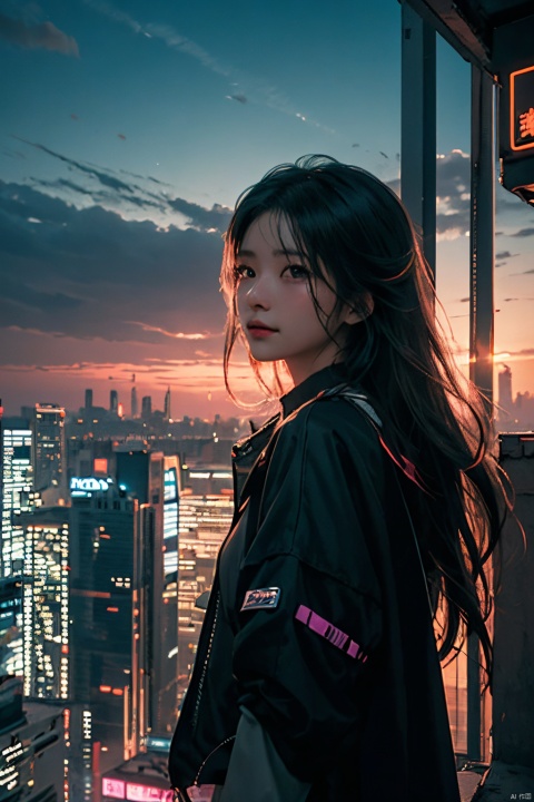  neonpunk style Neon noir leogirl,hANMEIMEI,realistic photography,,On the rooftop of a towering skyscraper,a girl stands,facing the camera directly. Behind her,a multitude of skyscrapers stretches into the distance,creating a breathtaking urban panorama. It's the perfect dusk moment,with the evening sun casting a warm glow on the girl's face,intensifying the scene's impact. The photo captures a sense of awe,with the sharpness and realism making every detail vivid and clear,Hair fluttered in the wind,long hair,halterneck, . cyberpunk, vaporwave, neon, vibes, vibrant, stunningly beautiful, crisp, detailed, sleek, ultramodern, magenta highlights, dark purple shadows, high contrast, cinematic, ultra detailed, intricate, professional, nalanyanran, ((poakl)), Light master, (\shuang hua\), (\shi shi ru yi\)