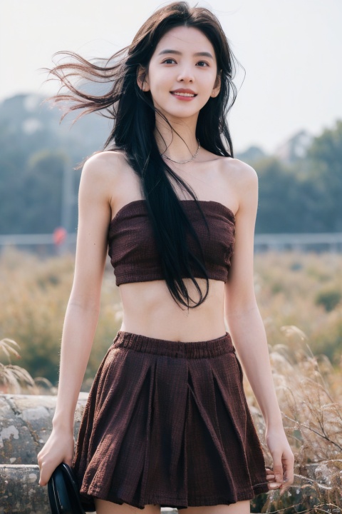  masterpiece,8K,best quality,1girl,smile,navel,long hair,breasts,solo,looking at viewer,midriff,realistic,blurry background,blurry,medium breasts,tank top,pencil_skirt,teeth,crop top,brown eyes,red lips,black hair,long hair,massive hair,light behind hair,hair in front,her hair rested on her shoulders,sun behind,slim hip,float hair,floating hair,flying hair,hair blown by the wind,white clouds behind,the broken hair in the front,messy shaggy hair,dust blown by the wind,mist in front,best quality,ultra high res,ice magic,light particles,sparkle,backlighting,loli,little girl,(child:0.5),13yo,rubber mesh clothes,(black and vibrant ruby red color),art by agnes cecile and agostino arrivabene and alberto dros,drawing,freeform,swirling patterns,doodle art style,little girl,Black miniskirt,Strapless,